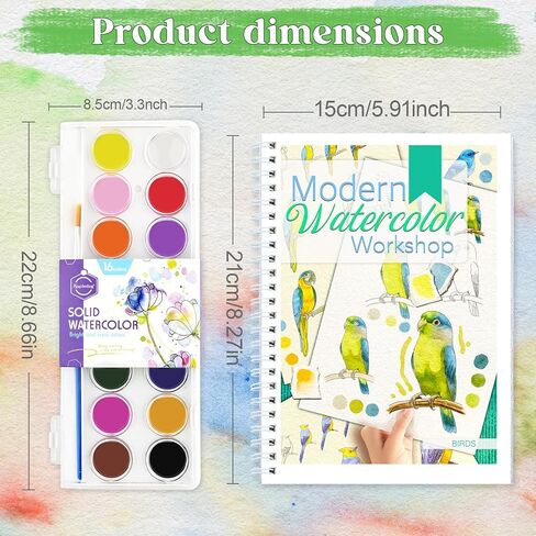 Watercolor Workbook With Step-by-Step for Adults and Teens - beginner watercolor workbook with 12 coloring book pages - Includes 16 color blocks and a brush - Professional Watercolor Paper: 300gsm/140lb (Bird) in Saudi Arabia