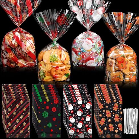 Outus 120 Pcs Christmas Cellophane Treat Bags, Snowflake Santa Claus Plastic Bags with Twist Ties for Candy, Cookie, Goodies, Gift Wrap, Xmas Party Favor Supplies (Festive) in Saudi Arabia