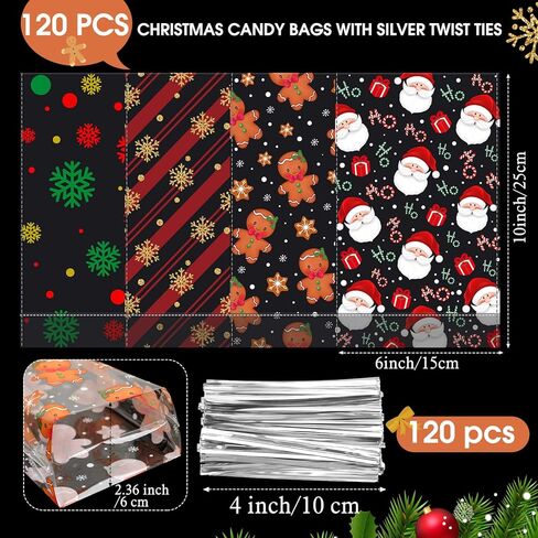 Outus 120 Pcs Christmas Cellophane Treat Bags, Snowflake Santa Claus Plastic Bags with Twist Ties for Candy, Cookie, Goodies, Gift Wrap, Xmas Party Favor Supplies (Festive) in Saudi Arabia