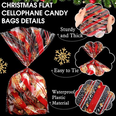 Outus 120 Pcs Christmas Cellophane Treat Bags, Snowflake Santa Claus Plastic Bags with Twist Ties for Candy, Cookie, Goodies, Gift Wrap, Xmas Party Favor Supplies (Festive) in Saudi Arabia