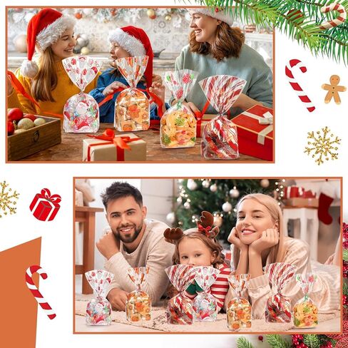 Outus 120 Pcs Christmas Cellophane Treat Bags, Snowflake Santa Claus Plastic Bags with Twist Ties for Candy, Cookie, Goodies, Gift Wrap, Xmas Party Favor Supplies (Festive) in Saudi Arabia