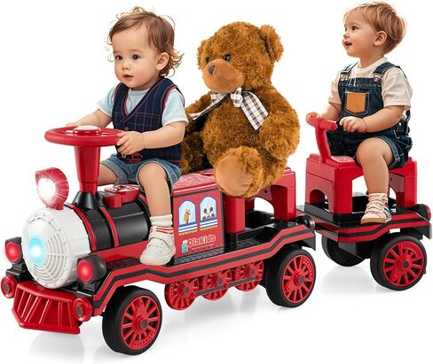 OLAKIDS 3-Seater Kids Ride on Train with Carriage Trackless, 12V Battery Powered Electric Toy with Train Whistle, Music, LED Lights, 2 Speeds, Soft Start, Gift for Toddler Boys Girls (Red, 3-Seater) in Saudi Arabia