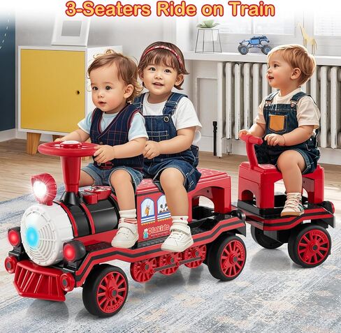 OLAKIDS 3-Seater Kids Ride on Train with Carriage Trackless, 12V Battery Powered Electric Toy with Train Whistle, Music, LED Lights, 2 Speeds, Soft Start, Gift for Toddler Boys Girls (Red, 3-Seater) in Saudi Arabia