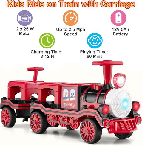 OLAKIDS 3-Seater Kids Ride on Train with Carriage Trackless, 12V Battery Powered Electric Toy with Train Whistle, Music, LED Lights, 2 Speeds, Soft Start, Gift for Toddler Boys Girls (Red, 3-Seater) in Saudi Arabia