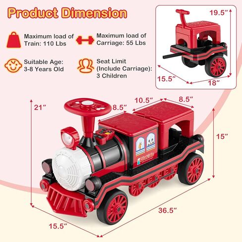 OLAKIDS 3-Seater Kids Ride on Train with Carriage Trackless, 12V Battery Powered Electric Toy with Train Whistle, Music, LED Lights, 2 Speeds, Soft Start, Gift for Toddler Boys Girls (Red, 3-Seater) in Saudi Arabia