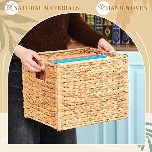Water Hyacinth File Box Organizers Collapsible Letter Size Filing Cabinet Woven Hanging File Basket Portable Decorative Document Storage Box for Office/decor/home in Kuwait