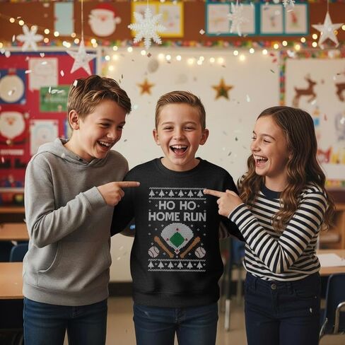 Tstars - Baseball Fans Ugly Christmas Ho Ho Home Run Youth Kids Sweatshirt in Saudi Arabia