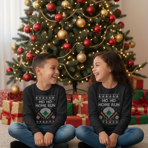 Tstars - Baseball Fans Ugly Christmas Ho Ho Home Run Youth Kids Sweatshirt in Saudi Arabia
