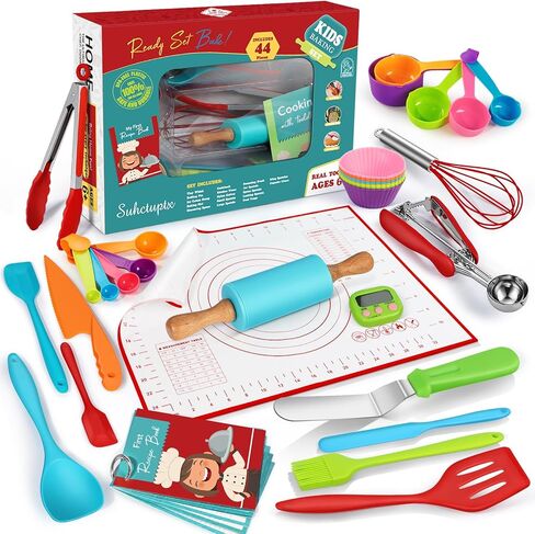 30PCS Kids Cooking Sets Real, Kids Cooking and Baking Gift Set with Storage Case Timer Kid Safe Knives Cutting Board, Toddler Real Kitchen Accessories, Birthday Gifts for Girls & Boys Age 3 - 8 in Kuwait