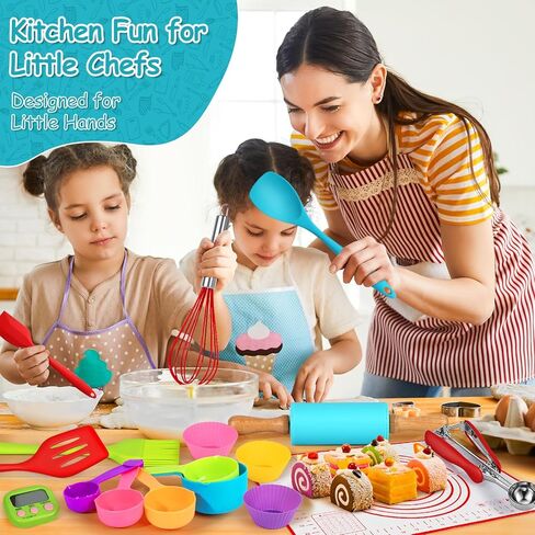 30PCS Kids Cooking Sets Real, Kids Cooking and Baking Gift Set with Storage Case Timer Kid Safe Knives Cutting Board, Toddler Real Kitchen Accessories, Birthday Gifts for Girls & Boys Age 3 - 8 in Kuwait
