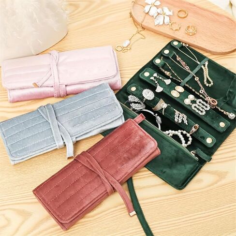Embroidery Travel Jewelry Bag Roll Embroidered Flower and Bird Brocade Organizer with Tie Close-Blue in Saudi Arabia