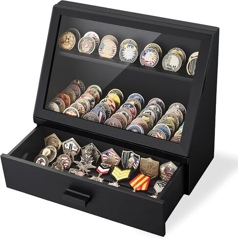 13-Row Challenge Coin Display Case, Solid Wood Military Coin Holder Holds Up to 100 Coins or Medals for Desktop, HD Acrylic Cover with Drawers in Saudi Arabia