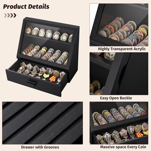 13-Row Challenge Coin Display Case, Solid Wood Military Coin Holder Holds Up to 100 Coins or Medals for Desktop, HD Acrylic Cover with Drawers in Saudi Arabia