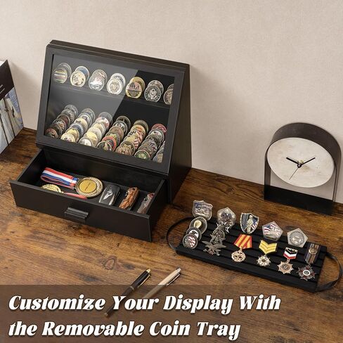 13-Row Challenge Coin Display Case, Solid Wood Military Coin Holder Holds Up to 100 Coins or Medals for Desktop, HD Acrylic Cover with Drawers in Saudi Arabia