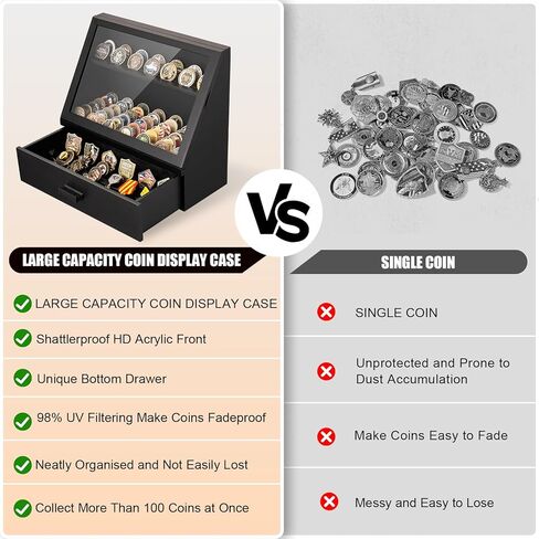 13-Row Challenge Coin Display Case, Solid Wood Military Coin Holder Holds Up to 100 Coins or Medals for Desktop, HD Acrylic Cover with Drawers in Saudi Arabia