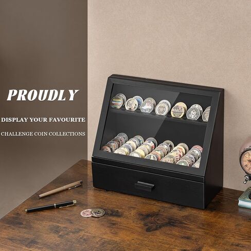 13-Row Challenge Coin Display Case, Solid Wood Military Coin Holder Holds Up to 100 Coins or Medals for Desktop, HD Acrylic Cover with Drawers in Saudi Arabia
