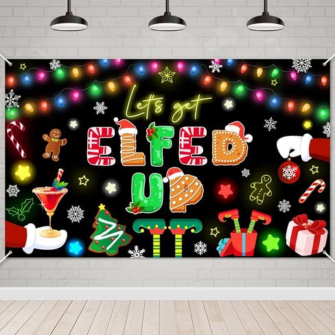 Avezano Let's Get Elfed Up Backdrop Xmas Kids Elfed Party Decorations Banner Elf Christmas Birthday Photography Background Winter Holiday Party Decoration Banner (7x5ft) in Saudi Arabia
