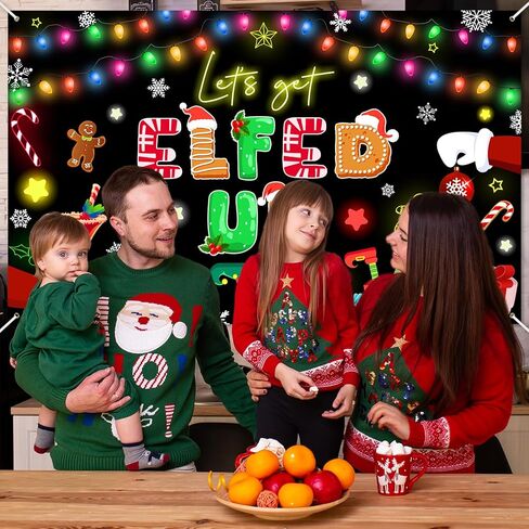 Avezano Let's Get Elfed Up Backdrop Xmas Kids Elfed Party Decorations Banner Elf Christmas Birthday Photography Background Winter Holiday Party Decoration Banner (7x5ft) in Saudi Arabia