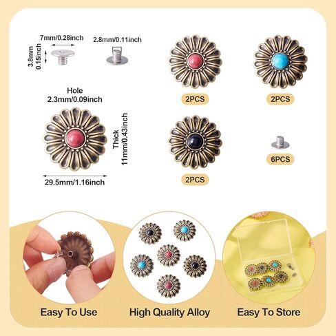 18 Sets Leather Decorative Conchos, Turquoise Decorative Buttons, Metal Rapid Rivet, Vintage Western Leather Replacement Buckles for DIY Belt Purse Bag Crafts in Saudi Arabia