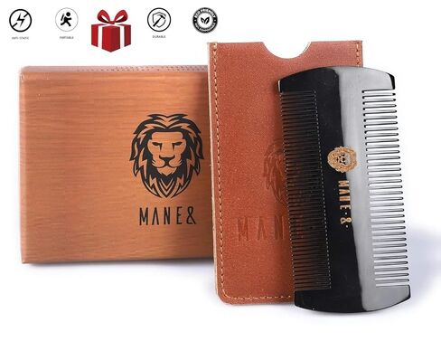 Premium 100% Oxhorn Dual-Action Beard Comb with Genuine Leather Case – the Perfect Beard Grooming Gift for Men by Man & Mane. in Kuwait