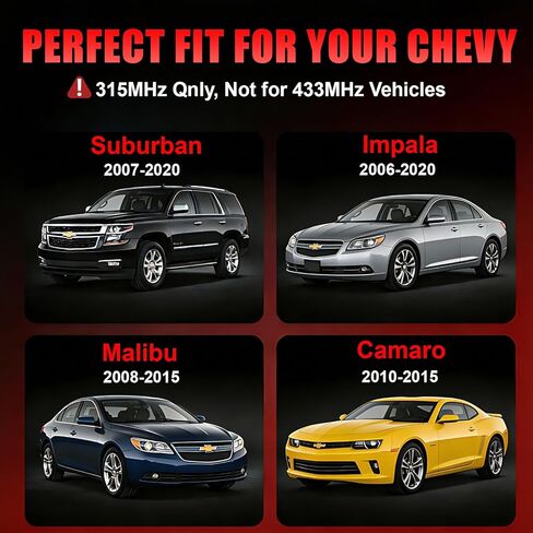 TPMS مبرمج مسبقًا 315 ميجا هرتز، مستشعر ضغط الإطارات مناسب لـ: -Chevy Suburban 2007-2020، Impala 2006-2020، Malibu 2008-2015، Camaro 2010-2015 (4 قطع) in Kuwait