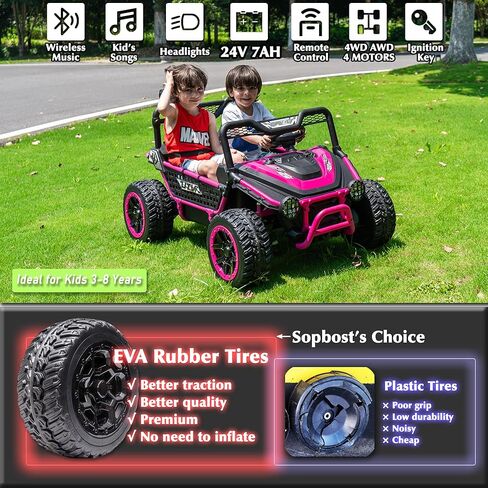 sopbost Premium 24V 2 Seater XXL Kids UTV Ride On Car مع جهاز تحكم عن بعد 4WD على الطرق الوعرة سيارة كهربائية للركوب على لعبة سيارة مع عجلات إطارات EVA، إطار معدني، بلوتوث (وردي) in Saudi Arabia