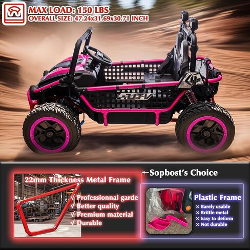 sopbost Premium 24V 2 Seater XXL Kids UTV Ride On Car مع جهاز تحكم عن بعد 4WD على الطرق الوعرة سيارة كهربائية للركوب على لعبة سيارة مع عجلات إطارات EVA، إطار معدني، بلوتوث (وردي) in Saudi Arabia