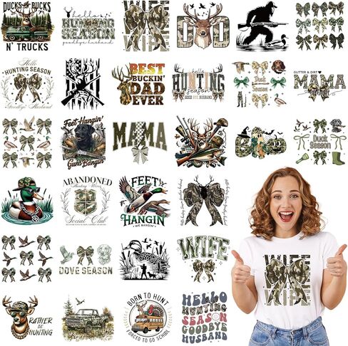 30 Sheets Hunting Season Iron on Transfers for T Shirts Stickers, Duck Camouflage Old Camo DTF Transfers Ready to Press, Heat Transfer Vinyl Iron on Decals for Clothing DIY Designs Washable in Saudi Arabia