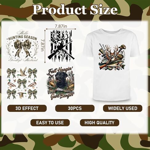 30 Sheets Hunting Season Iron on Transfers for T Shirts Stickers, Duck Camouflage Old Camo DTF Transfers Ready to Press, Heat Transfer Vinyl Iron on Decals for Clothing DIY Designs Washable in Saudi Arabia