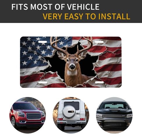 Deer American Flag Retro Front License Plate for Women Car Vanity Plates Decorative Aluminum Metal Cute Novelty License Plate Cover for Men 6x12 Inch (4 Holes) in Saudi Arabia