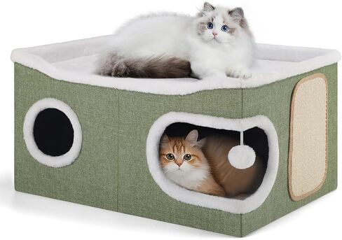 Cat Beds for Indoor Cats, Large Cat Cave with Cozy Condo, Fluffy Hanging Ball, Round Window, Foldable Indoor Cat House Hold Up to 30LBS, Cat Hideaway with Double-Sided Soft Cushions for All Seasons in Kuwait