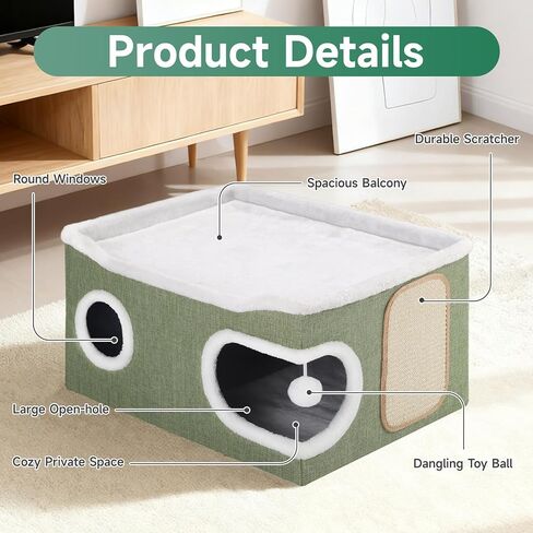 Cat Beds for Indoor Cats, Large Cat Cave with Cozy Condo, Fluffy Hanging Ball, Round Window, Foldable Indoor Cat House Hold Up to 30LBS, Cat Hideaway with Double-Sided Soft Cushions for All Seasons in Kuwait
