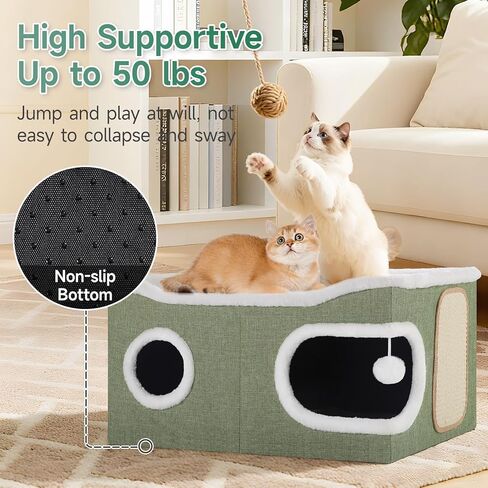 Cat Beds for Indoor Cats, Large Cat Cave with Cozy Condo, Fluffy Hanging Ball, Round Window, Foldable Indoor Cat House Hold Up to 30LBS, Cat Hideaway with Double-Sided Soft Cushions for All Seasons in Kuwait