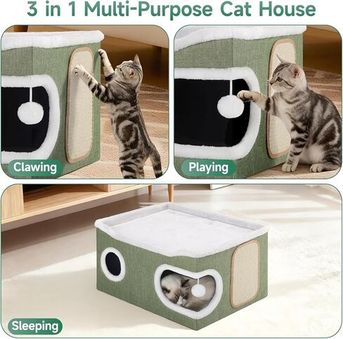 Cat Beds for Indoor Cats, Large Cat Cave with Cozy Condo, Fluffy Hanging Ball, Round Window, Foldable Indoor Cat House Hold Up to 30LBS, Cat Hideaway with Double-Sided Soft Cushions for All Seasons in Kuwait