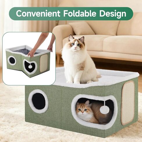 Cat Beds for Indoor Cats, Large Cat Cave with Cozy Condo, Fluffy Hanging Ball, Round Window, Foldable Indoor Cat House Hold Up to 30LBS, Cat Hideaway with Double-Sided Soft Cushions for All Seasons in Kuwait