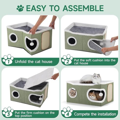 Cat Beds for Indoor Cats, Large Cat Cave with Cozy Condo, Fluffy Hanging Ball, Round Window, Foldable Indoor Cat House Hold Up to 30LBS, Cat Hideaway with Double-Sided Soft Cushions for All Seasons in Kuwait