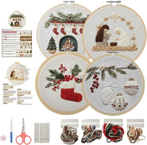 BuyaCraft 4 Sets Christmas Embroidery Kit, Cross Stitch Kits, Embroidery Kit for Beginners with Pattern,Tools and Teaching Instructions (Ornaments+Stocking+Fireplace+Nativity Manger) in Saudi Arabia