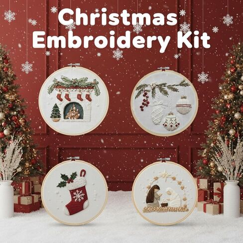 BuyaCraft 4 Sets Christmas Embroidery Kit, Cross Stitch Kits, Embroidery Kit for Beginners with Pattern,Tools and Teaching Instructions (Ornaments+Stocking+Fireplace+Nativity Manger) in Saudi Arabia