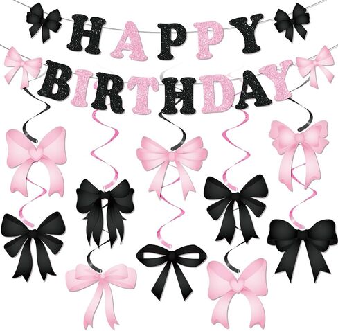 Pink and Black Bow Birthday Banner Decorations Glitter Black Pink Happy Birthday Banner Galand and 10Pcs Bow Hanging Swirls Coquette Party Decorations for Girls Women Bday Baby Shower Party Supplies in Saudi Arabia
