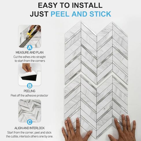 10-Sheet Herringbone Tile Peel and Stick Backsplash White Marble PVC Stick on Backsplash Self Adhesive Wall Tile for Kitchen and Bathroom in Saudi Arabia