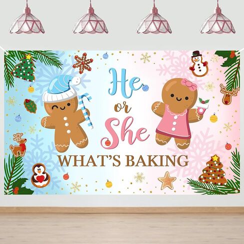 Avezano Gingerbread Gender Reveal Banner Backdrop 6 x 3.6 ft Christmas Gingerbread Gender Reveal Party Decorations He or She What's Baking Party Background in Saudi Arabia