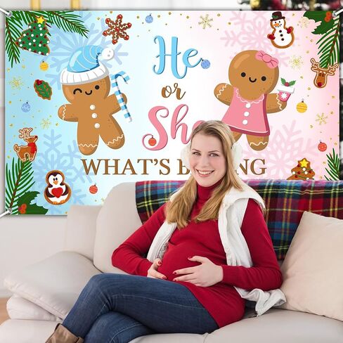 Avezano Gingerbread Gender Reveal Banner Backdrop 6 x 3.6 ft Christmas Gingerbread Gender Reveal Party Decorations He or She What's Baking Party Background in Saudi Arabia