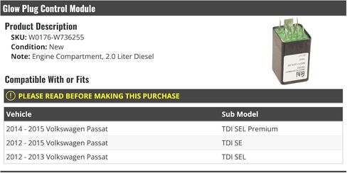 وحدة التحكم في قابس التوهج - متوافقة مع 2012-2015 Volkswagen Passat TDI 2.0L ديزل in Saudi Arabia