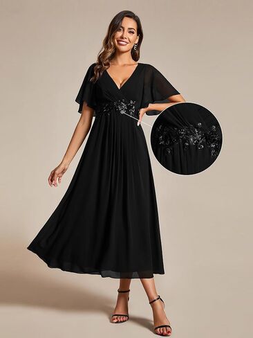 فساتين زفاف الضيوف من Ever-Pretty برقبة على شكل حرف V ومزينة بطيات بطول الشاي 02093 in Kuwait