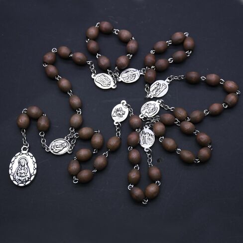 Rosary Necklace Pendant Wooden Beads Rose Necklace Catholic Prayer Jewelry Brown Necklace Wooden Beads Long Rosary in Saudi Arabia