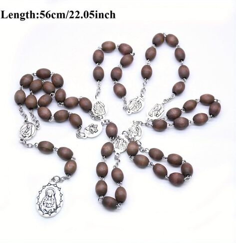 Rosary Necklace Pendant Wooden Beads Rose Necklace Catholic Prayer Jewelry Brown Necklace Wooden Beads Long Rosary in Saudi Arabia