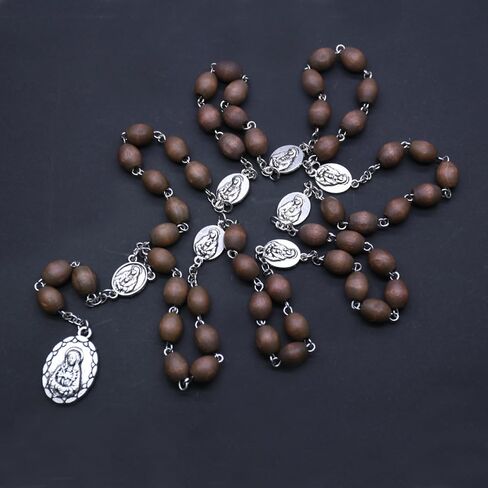 Rosary Necklace Pendant Wooden Beads Rose Necklace Catholic Prayer Jewelry Brown Necklace Wooden Beads Long Rosary in Saudi Arabia
