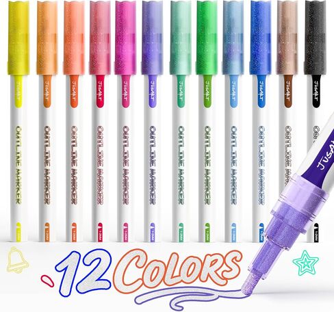 علامات JusArt Outline Sparkle، 12 قلم لامع معدني للتلوين للبالغين، لوازم رسم ممتعة رائعة لعيد الميلاد وعيد الفصح والهالوين in Kuwait
