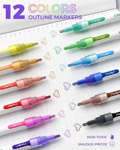 علامات JusArt Outline Sparkle، 12 قلم لامع معدني للتلوين للبالغين، لوازم رسم ممتعة رائعة لعيد الميلاد وعيد الفصح والهالوين in Kuwait