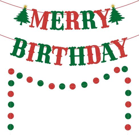 Merry Birthday Banner Red and Green Glittery Christmas Birthday Banner Christmas Happy Birthday Banners for Merry Christmas Banners Decorations Wall Fireplace Home Party Decor in Kuwait